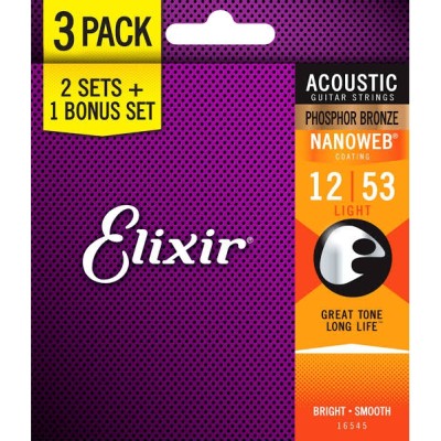 Elixir - Elixir 16545 012-053 Nanoweb Bronze Fosfor 3'lü Akustik Gitar Tel Seti Ekonomik