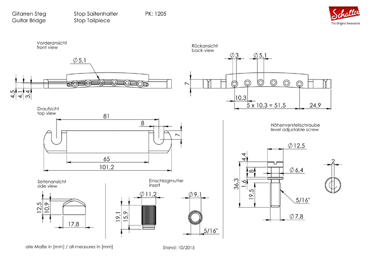 Schaller Tune-O-Matic Köprü Tailpiece Stoper (Ruthenyum) - 2